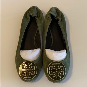 Tory Burch Reva Suede Leather Flats (Olive Green)